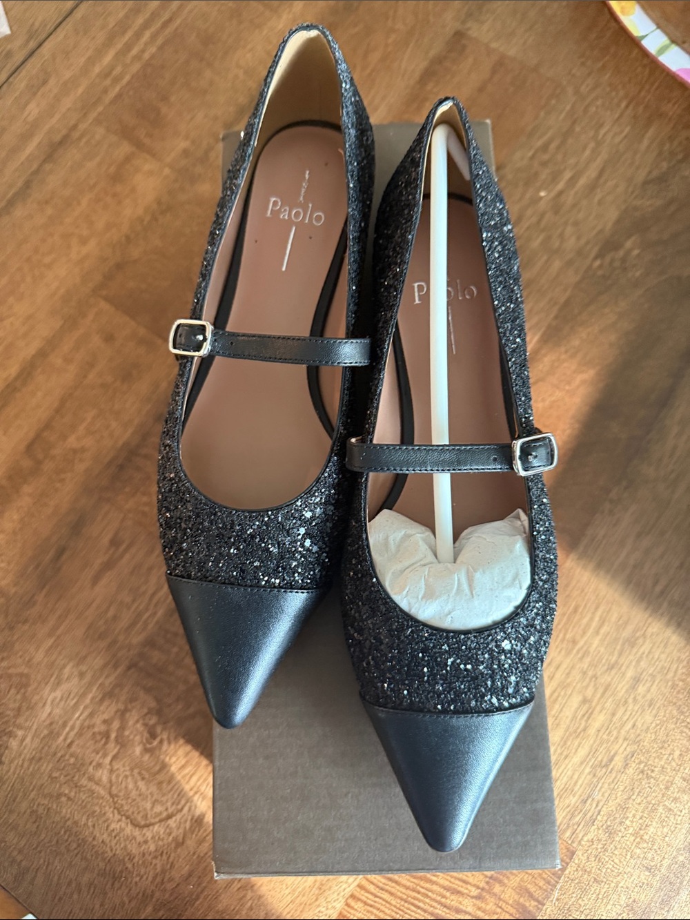 Paolo Black Glitter Pointed Mary Jane Flats with Buckle